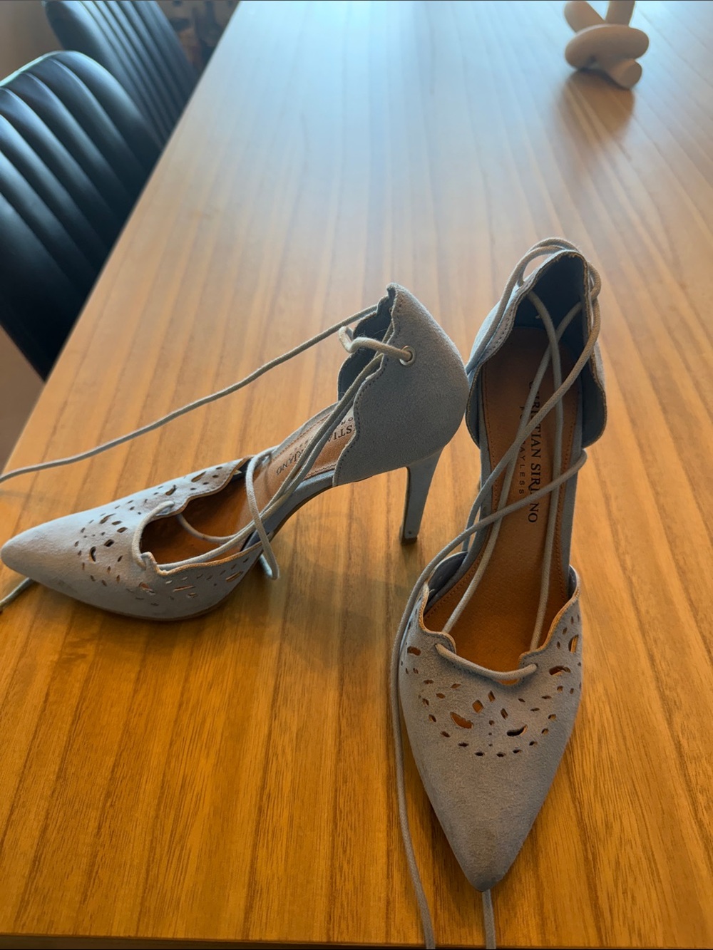 Via Spiga Perforated Lace-Up Pointed Heels in Light Blue